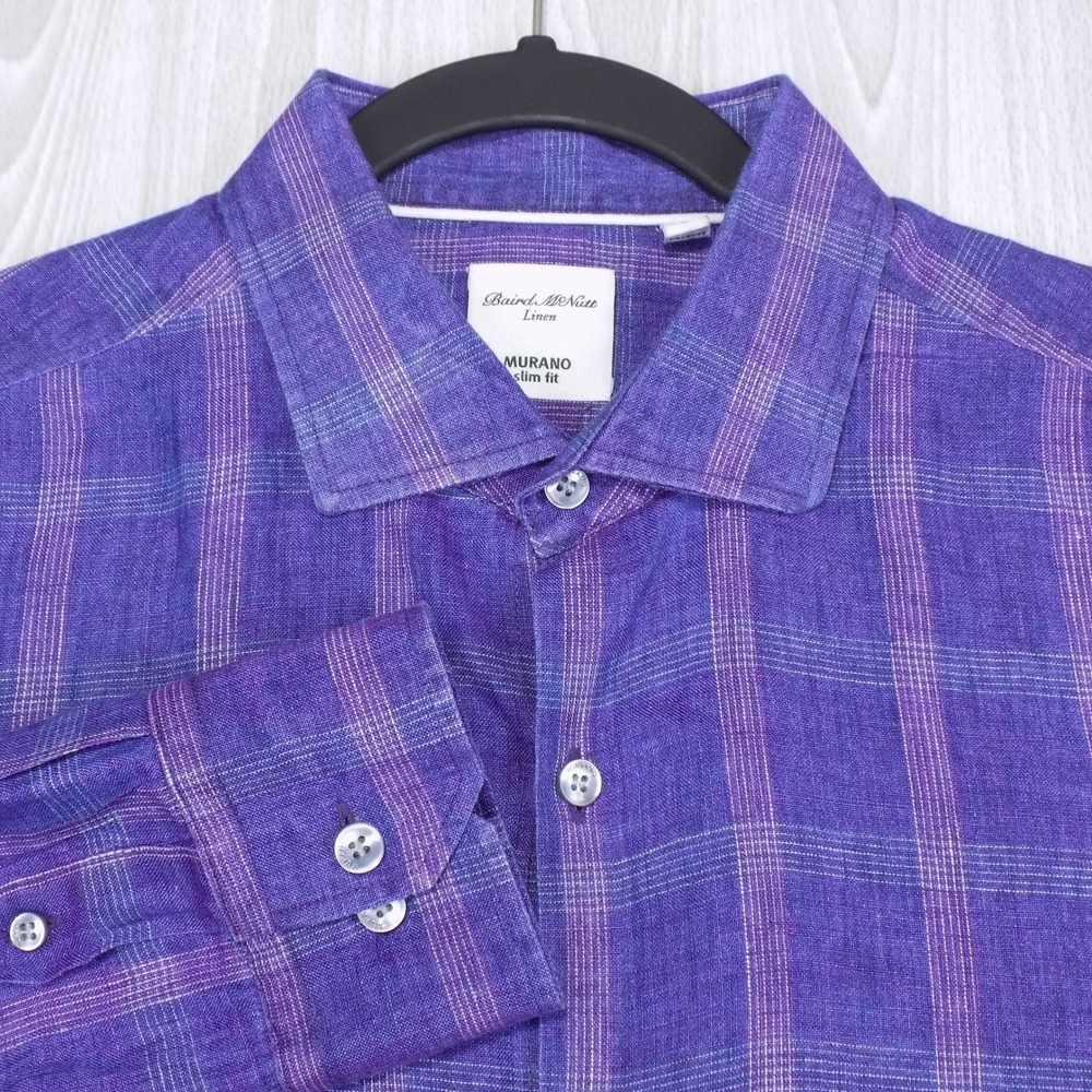 Baird McNutt Murano Slim Fit Linen Shirt Mens L Purple Plaid Button-down EUC